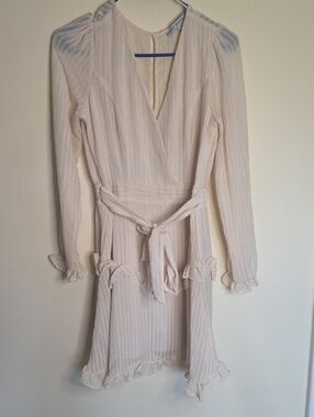HYFVE Cream Long Sleeve faux Wrap Dress with Ruffle Trim